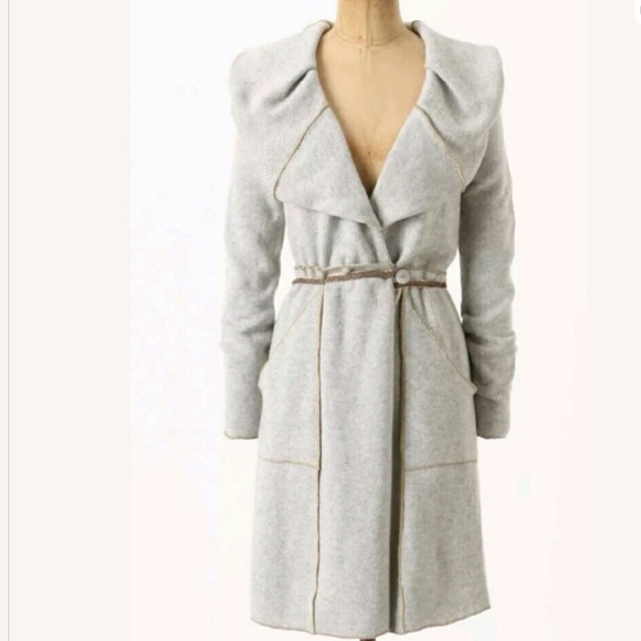 Anthropologie Tiny Grey Wool Blend Ruffle Shawl Collar Sweater Coat SZ M - Picture 2 of 12